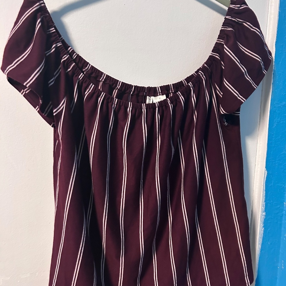 Burgundy & White Striped Off-Shoulder Blouse - Picture 2 of 3